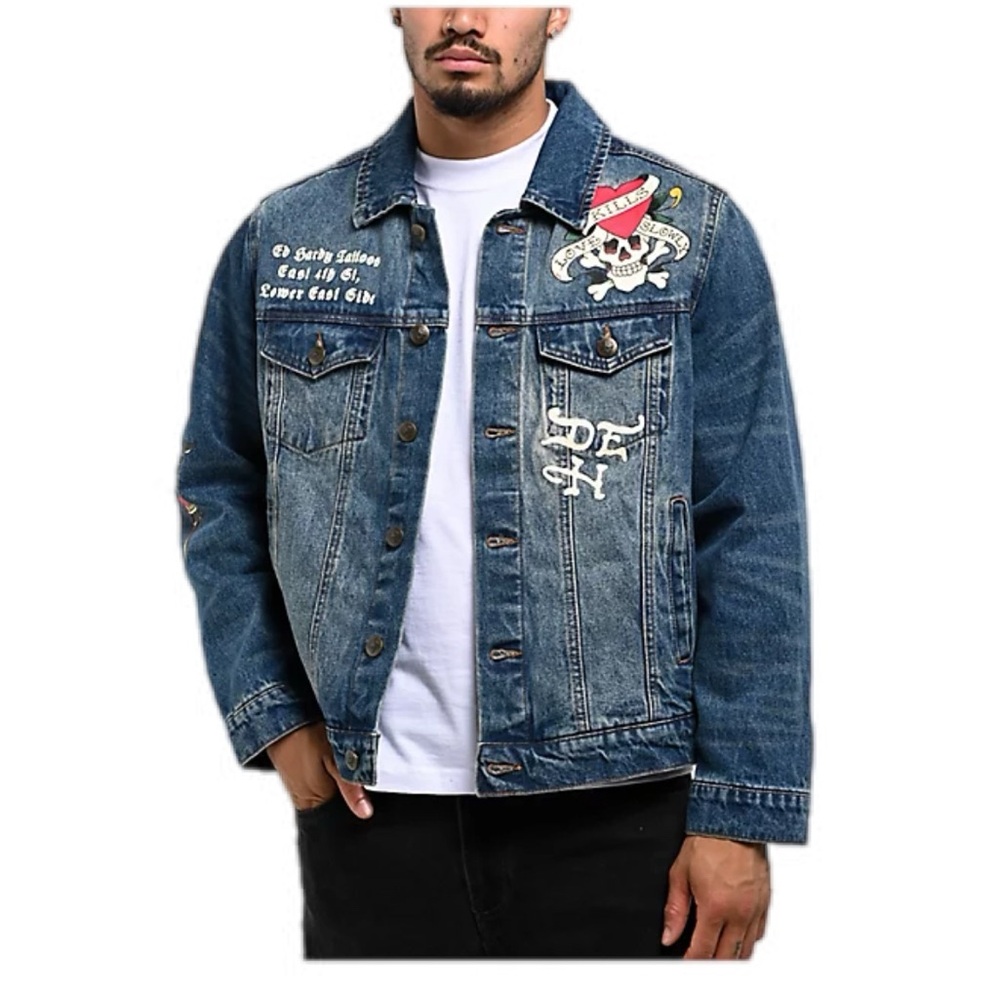 Ed Hardy Blue Denim Jacket with Skull Design